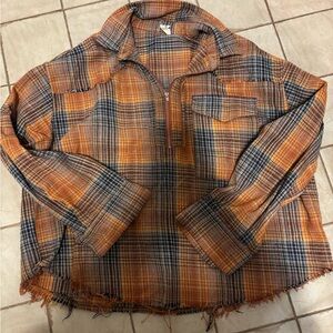 Buckle Plaid Shirt in Orange and Black, quarter zip